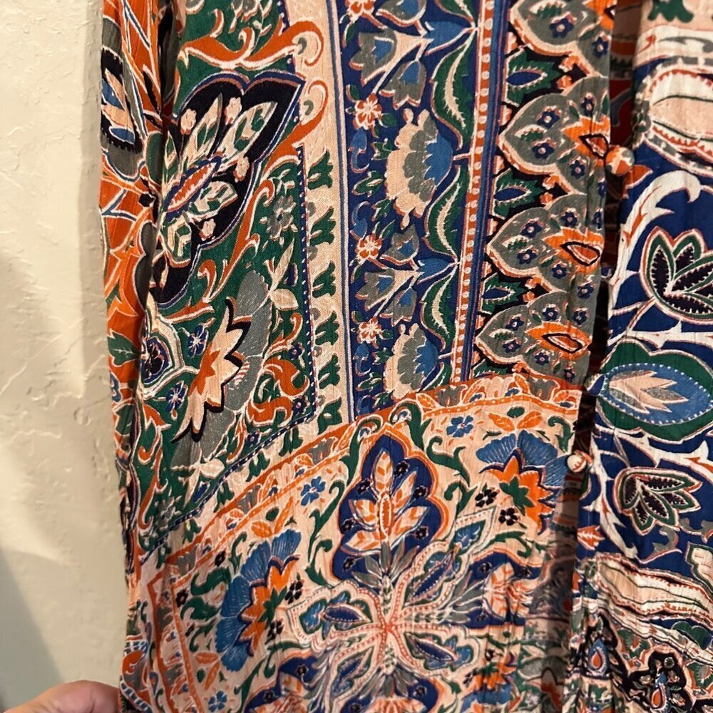 Y Angle Paisley Floral Boho Hippie Split Front Tie Sleeve Maxi Dress - Picture 9 of 11